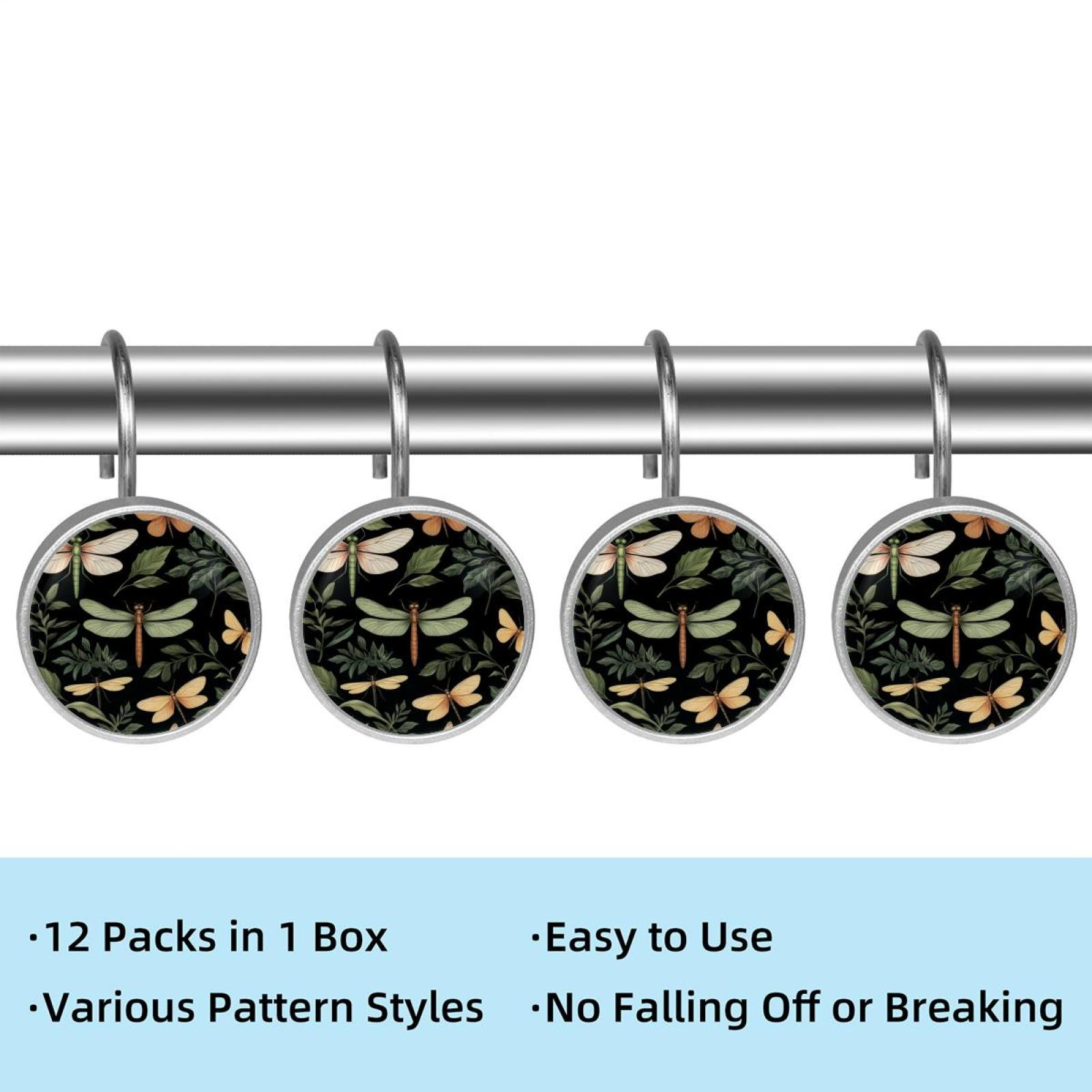 HemaKayy 12 Pcs Shower Curtain Hooks Bathroom Decorative Accessories Green Leaves and Dragonflies