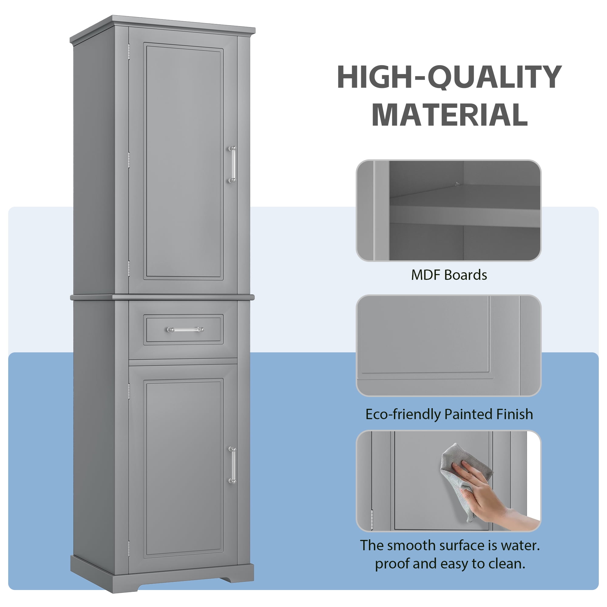 Euroco Tall Bathroom Storage Cabinet, Freestanding Storage Cabinet with Two Different Size Doors and Adjustable Shelf, Door Shelve Design, MDF Board with Painted Finish, Gray