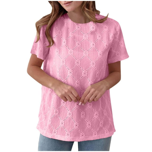 Liquidation! Hauts Grande Taille pour Femmes, Blouse à Manches Courtes d'Été pour Femmes, Haut Décontracté Uni à Col Rond et Manches Courtes pour Femmes