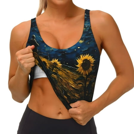 Qokaie Oil Starry Sky Sunflower Pattern Womens Scoop Neck Sports Bra Breathable Workout Vest Padded U Back Medium Impact Fitness Gym Yoga Bra Workout Crop Top