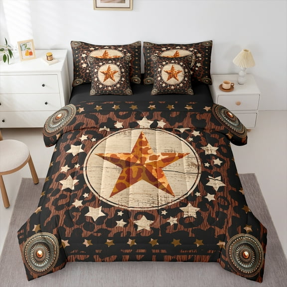 Manfei Texas Star 7-Piece Twin Bedding Sets,Leopard Print Bedding Comforter Set,Brown Beige Black Sheet Sets For Teens,Super Cozy Room Decor Reversible