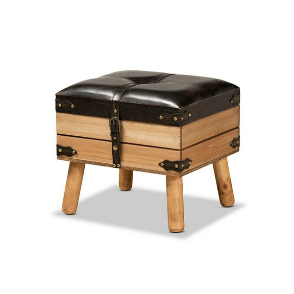 Baxton Studio Amena Rustic Transitional Dark Brown PU Leather Upholstered and Oak Finished Wood Small Storage Ottoman
