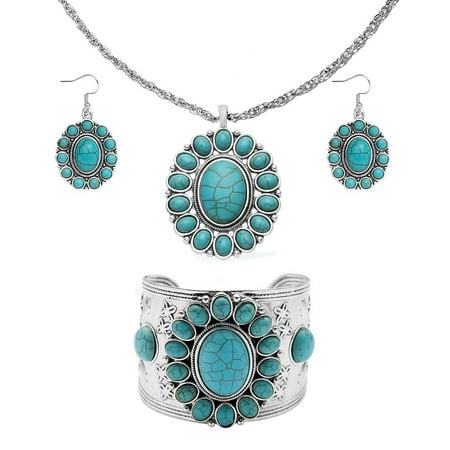 Shop LC Howlite Costume Jewelry Set - Pink, Yellow, Blue, Green & White Western Women Jewelry- Turquoise Inspired Necklace, Earrings & Cuff Bracelet Set - Southwestern Chunky Statement Necklace