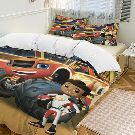 Blaze And The Monster Machines Duvet Cover Bedding Set Cartoon Print Soft Quilt Cover 3 Pieces, 1 Comforter Cover & 2 Pillowcases for Kids Teens Boys Girls Room Decor 86"x70"