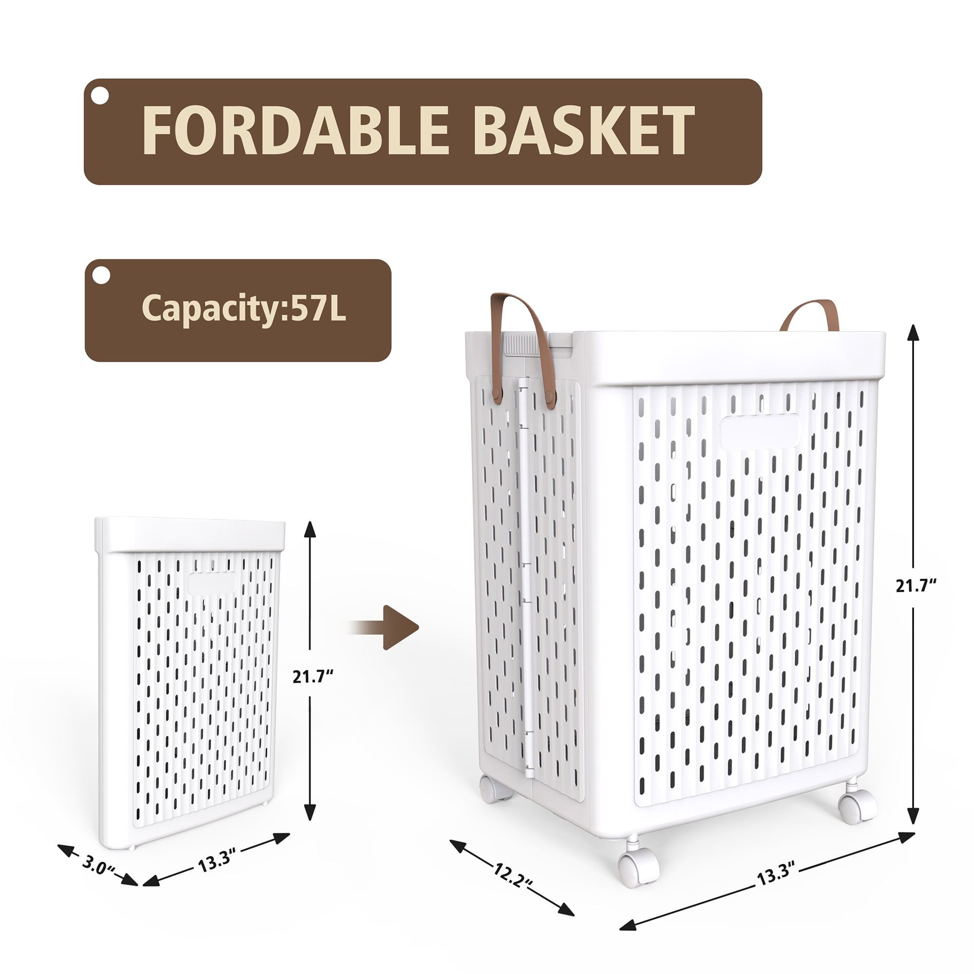 SEESPRING Collapsible Plastic Laundry Basket with Handles,Multifunction Laundry Clothes Hamper Toy Storage,White,1.6 Bushel