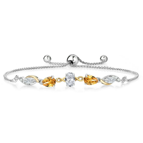 Gem Stone King 925 Silver and 10K Yellow Gold White Topaz Yellow Citrine White Moissanite and Lab Grown Diamond Tennis Bracelet for Women By Keren Hanan (1.50 cttw, Adjustable up To 9 inch)