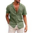thumbnail image 2 of WREESH Men's Summer Casual Cotton Linen Solid Turndown Short Sleeve Button Up Shirt Hawaii Shirt Olive Green, 2 of 6