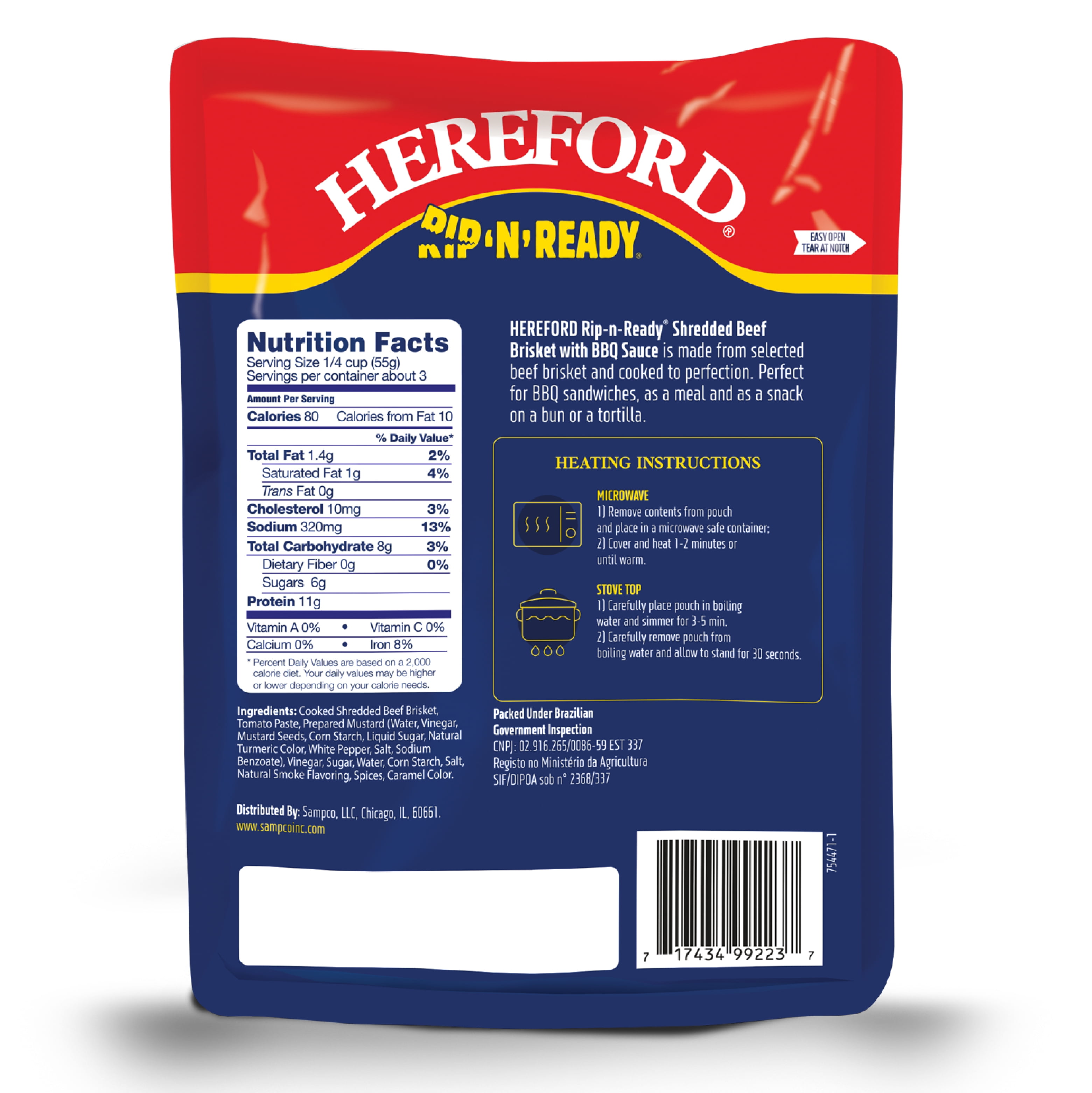 Hereford Fully Cooked Shredded Beef Brisket with BBQ, Shelf Stable Pouch, 6 oz (Case of 12)