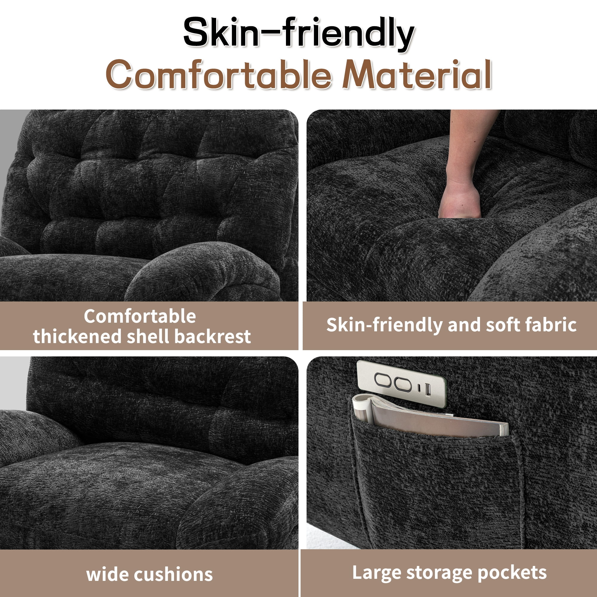 Korser Power Swivel Rocker Recliner Chair with USB Ports Chenille for Living Room,Black