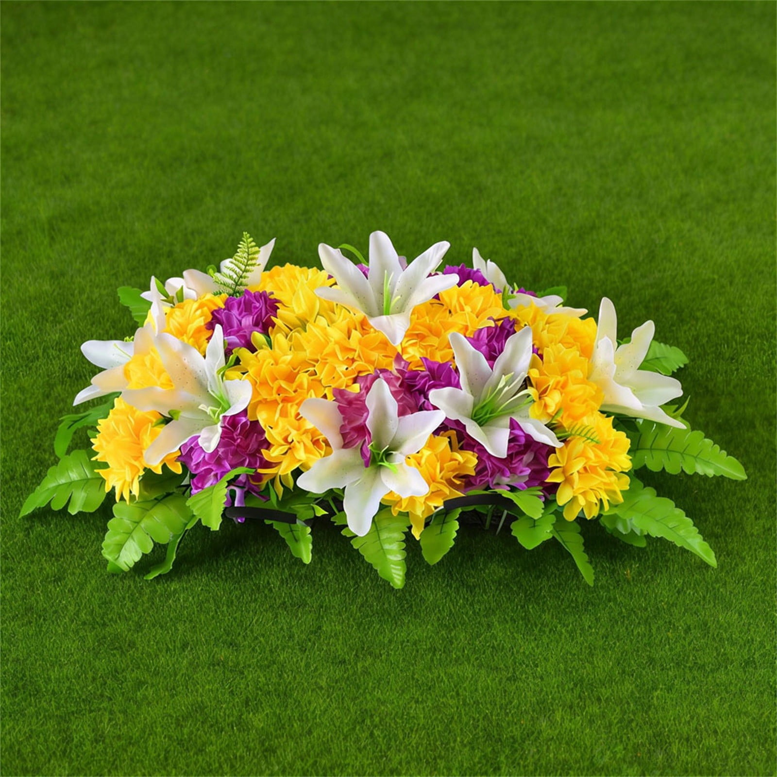 Artificial Cemetery Flowers for Grave, Headstone Flower Saddle Realistic Grave Decorations for Cemetery, UV Resistant Memorial Day Flowers with Lily Chrysanthemum for Headstone Cemetery Grave Decor