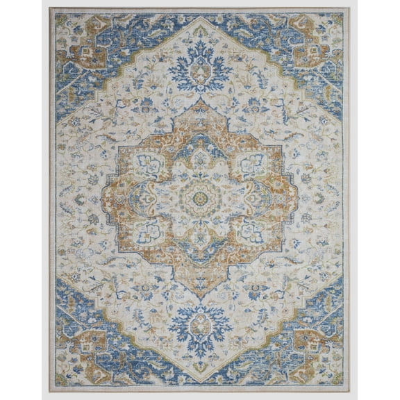 Center Medallion Ivory 8 ft. x 10 ft. Machine Washable Traditional Indoor Area Rug