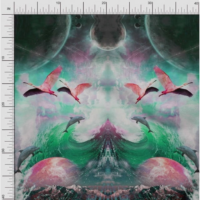 Soimoi Poly Georgette Fabric Sea & Flying Bird Panel Print Fabric by The Yard 52 Inch Wide
