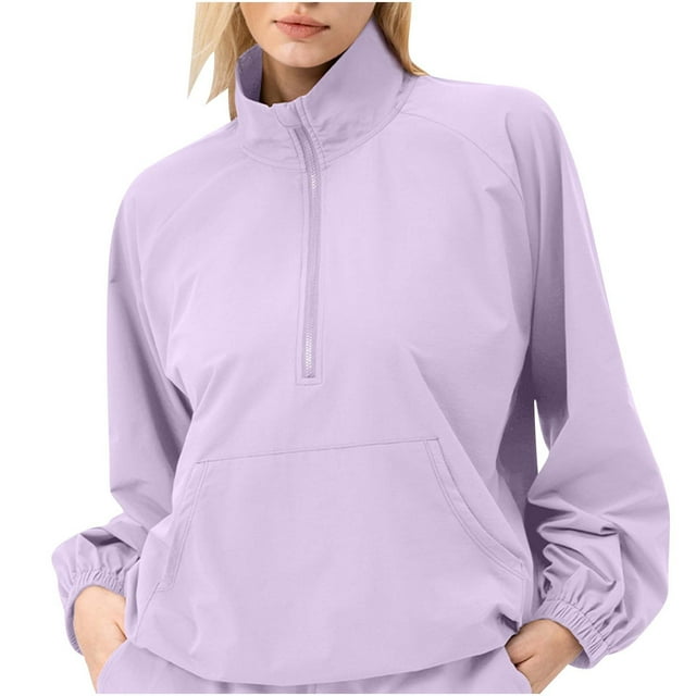 Besolor Chandail à Demi-Fermeture à Glissière pour Femmes, Manches Longues, Léger, Col Montant, Chandail en Molleton Uni avec Poche