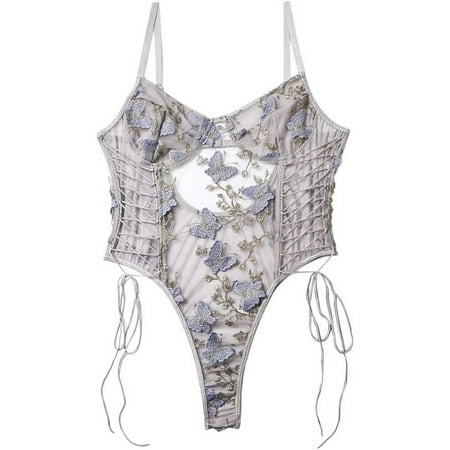 XiaoBanDeng Women Sexy Lace Up Floral Embroidered Teddy Lingerie Bodysuit Top Mesh Sheer One Piece