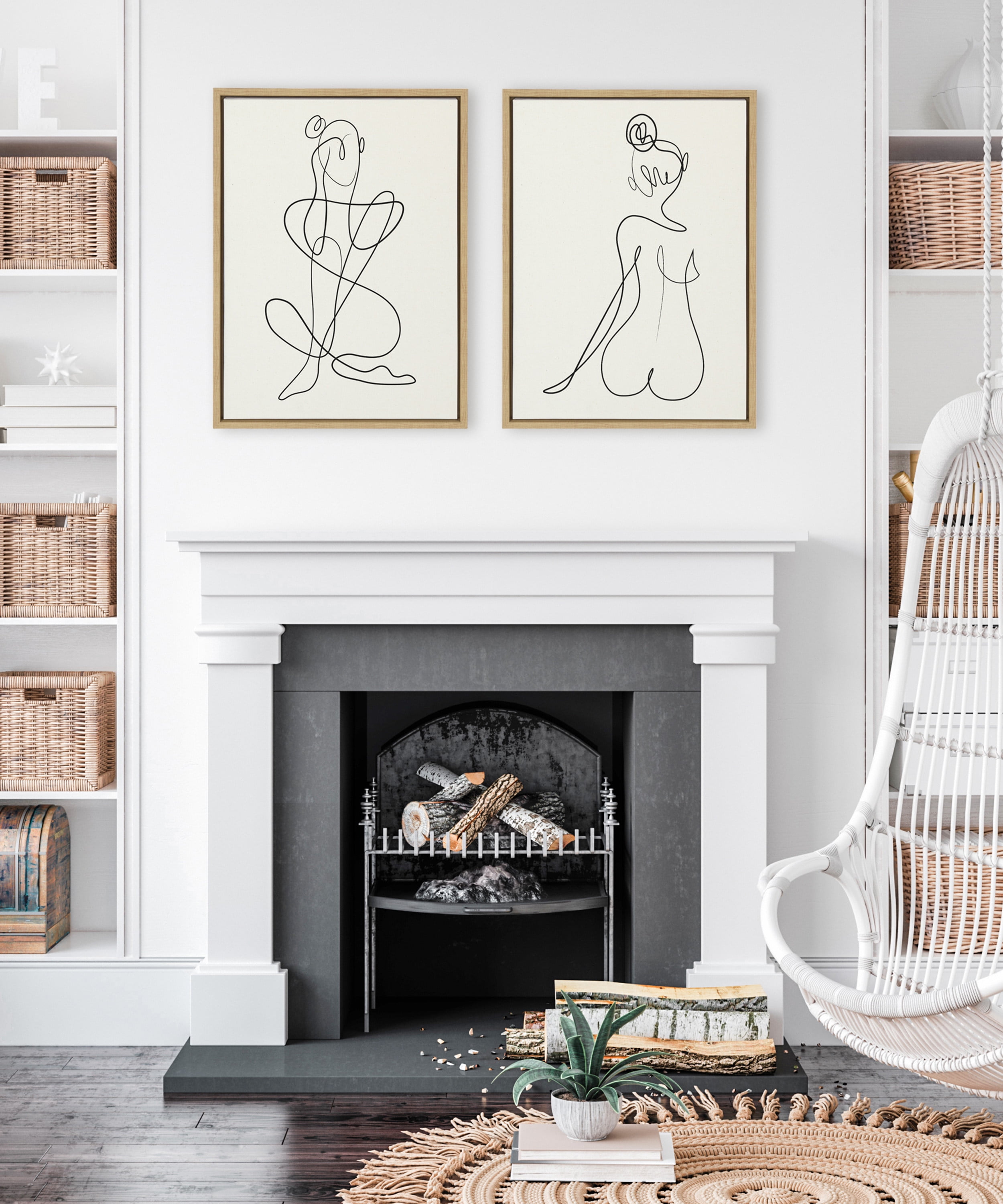 Sylvie Thinking of You Line Art and Sitting Beauty 18 in x 24 in Framed Painting Canvas Art Prints, by Kate and Laurel Set of 2