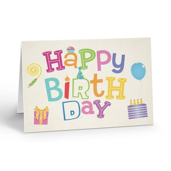Fun and Colorful Happy Birthday Note Cards - 10 Cards and Envelopes - B14367