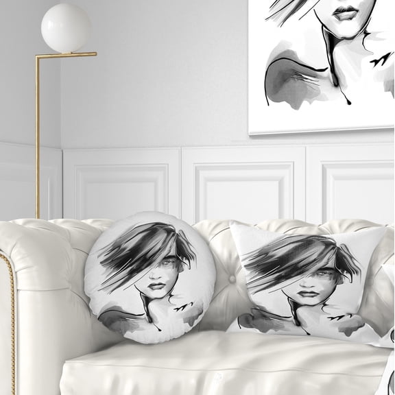 Designart Young Woman Black White - Abstract Portrait Throw Pillow - 12x20