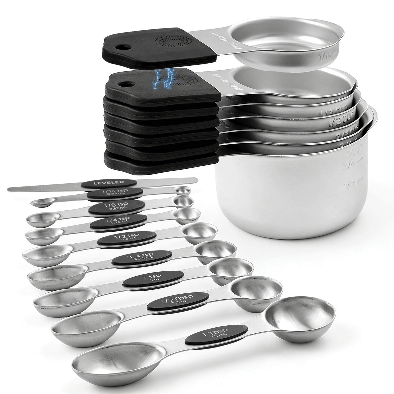 Lumikrypt 16 Piece Magnetic Measuring Cups and Spoons Set, Stainless Steel Nesting Metal Measuring Cups Set with Leveler for Dry and Liquid Ingredients, Kitchen Gadgets for Cooking & Baking (Black)