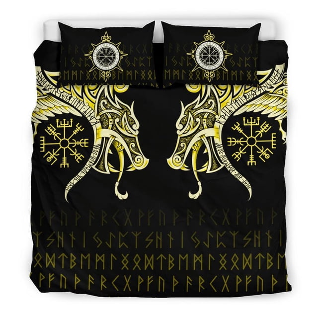 Juego De Cama Vikingo, Fenrir Cuervo Y Vegvisir Tatuaje Amarillo Rlt12