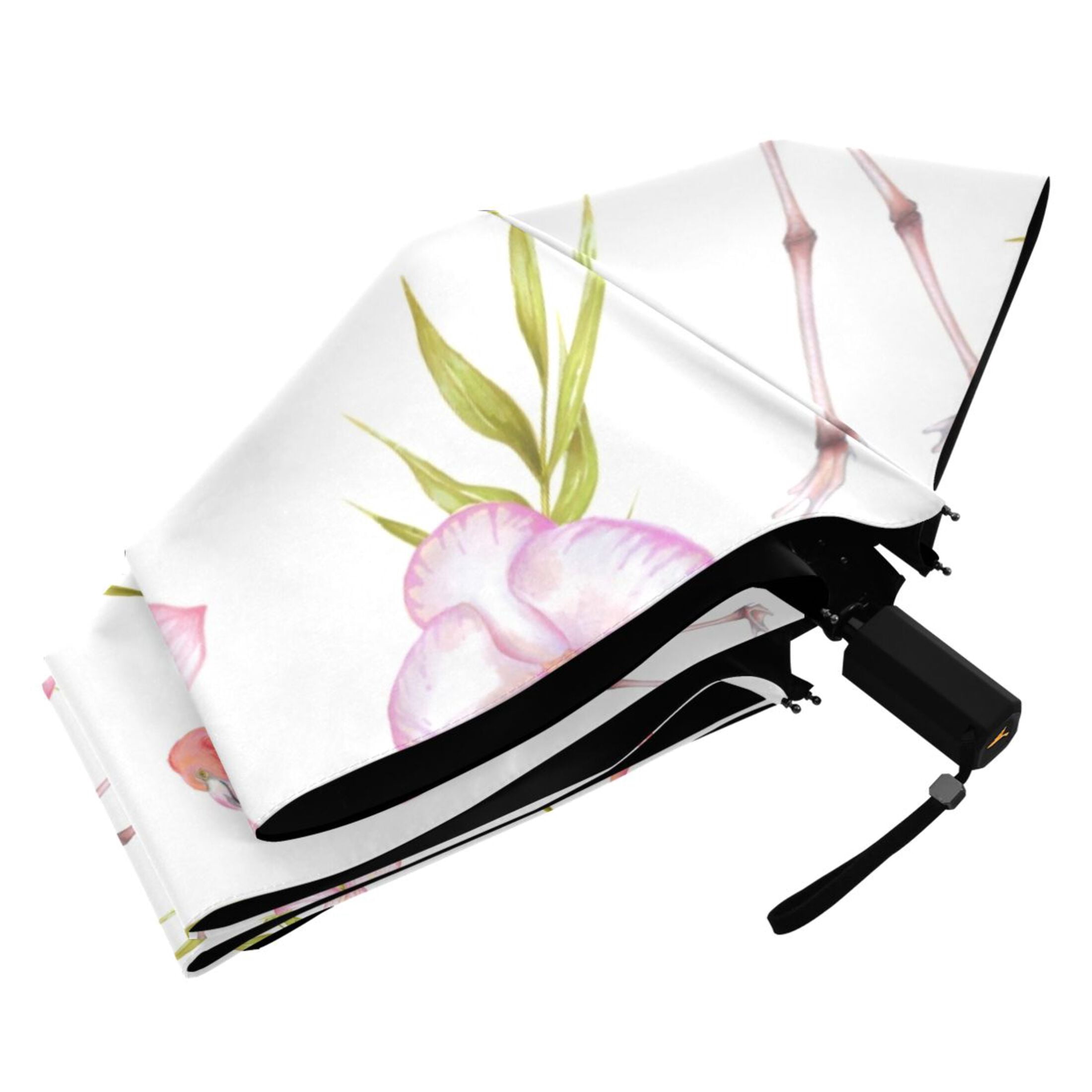 Pink Flamingo Flowers Compact Folding Umbrella for Rain Windproof Travel Umbrella UPF 50+ Lightweight Packable Arc Size