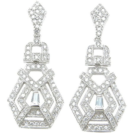 Plutus Sterling Silver Rhodium-Finish Brilliant and Baguettes Antique Style Pave Earrings