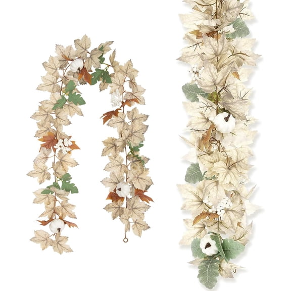 Fall Garland 2 Pack 11.6 Ft White Pumpkin Maple Leaf Garland, Autumn Harvest Decorations for Mantel Fireplace Farmhouse Thanksgiving Halloween Indoor Outdoor(Q)