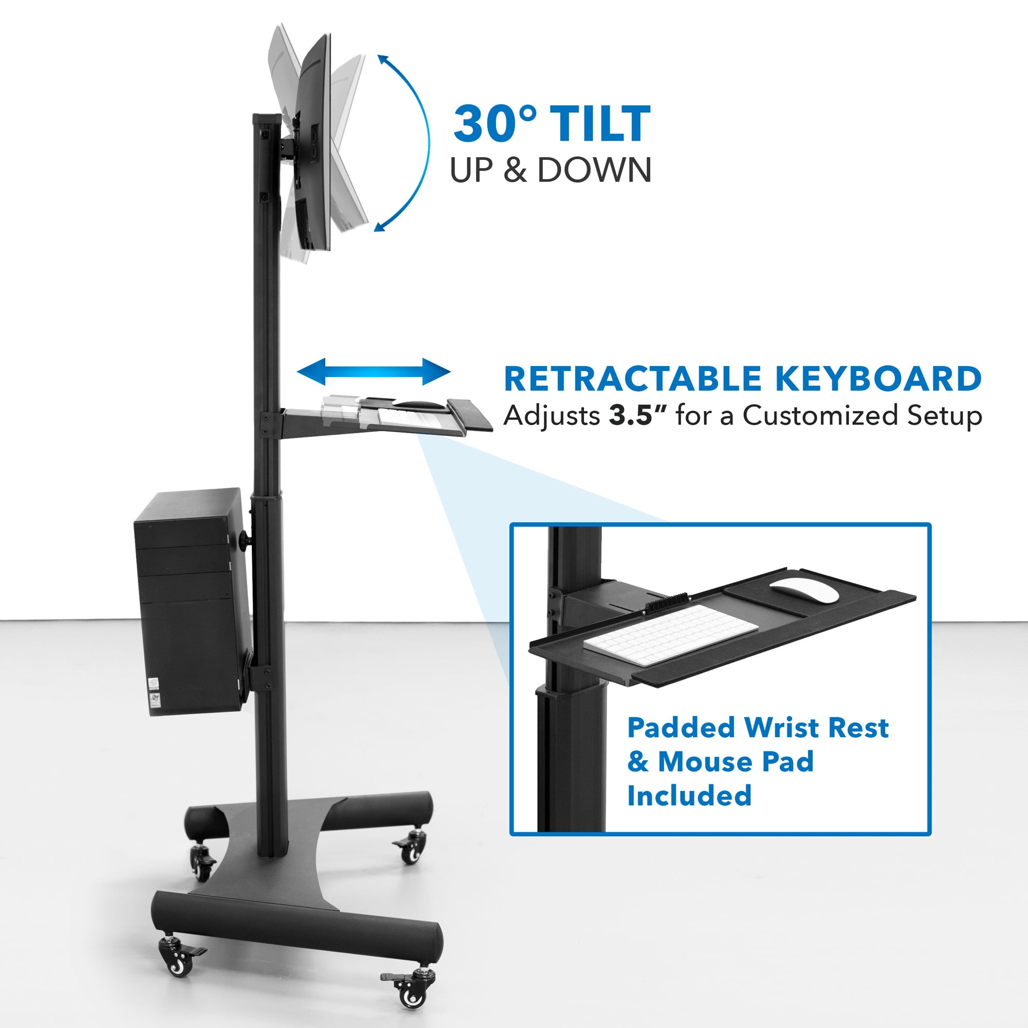 Mount-It! Mobile Standing with Adjustable Keyboard Tray and CPU Holder | Fits 13"-32" Monitors