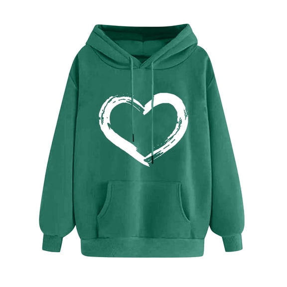 WRKEKC Hoodies for Women Heart Print Long Sleeve Hooded Drawstring Pullover Sweatshirt Top for Women Casual Wear