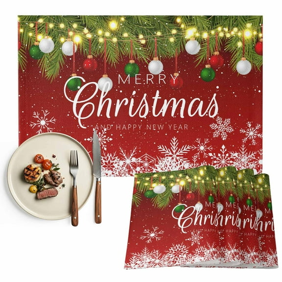 Red Merry Christmas Placemat of 1 PC, White Snowflake Xmas Balls Table Mats Washable Heat-Insulation Non-Slip Place Mats for Kitchen Dinner Table Indoor Outdoor Decor,13x19 Inch