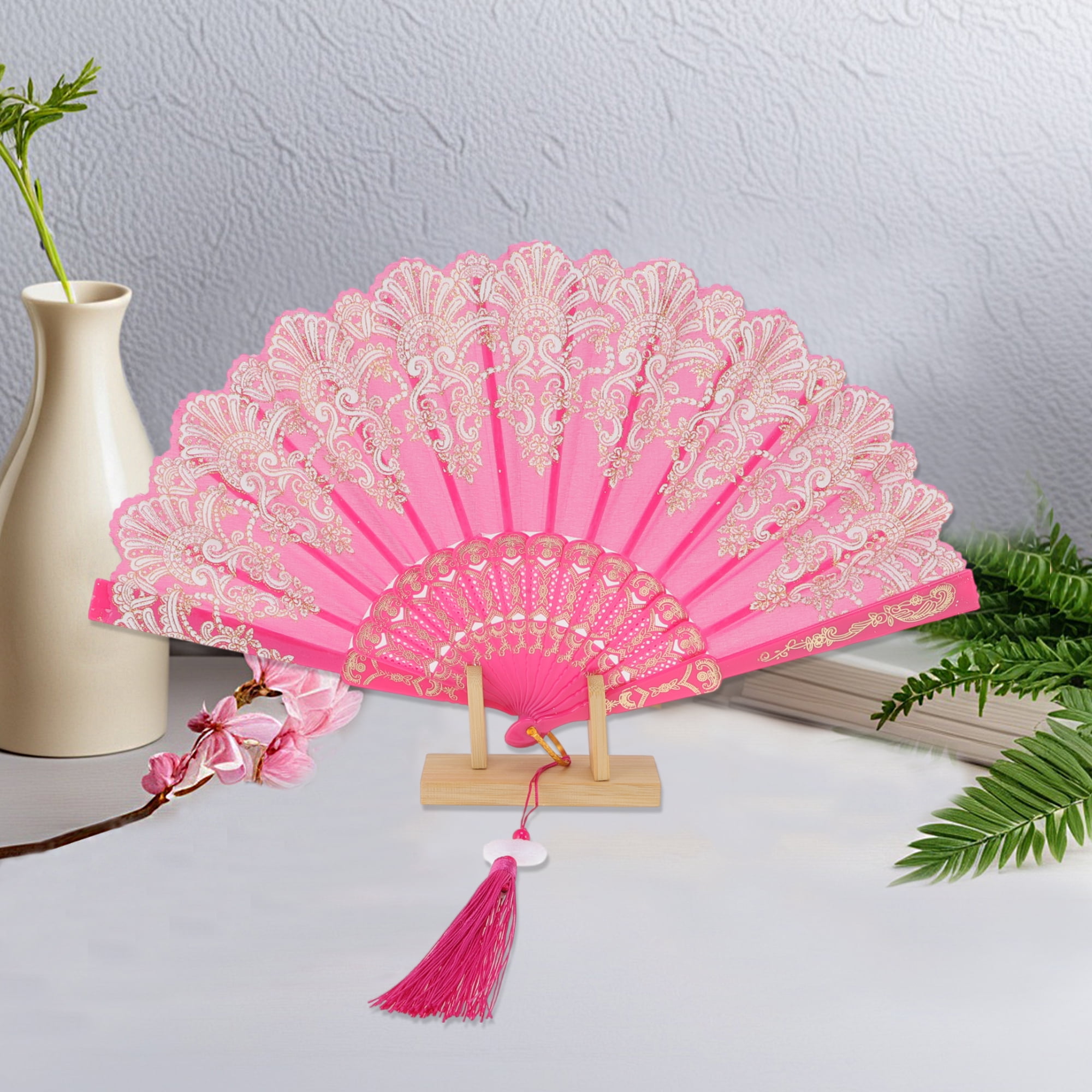 Unique Bargains Lucky Cloud Pattern Folding Fan 1 Pc for Events Decorations Rose Red