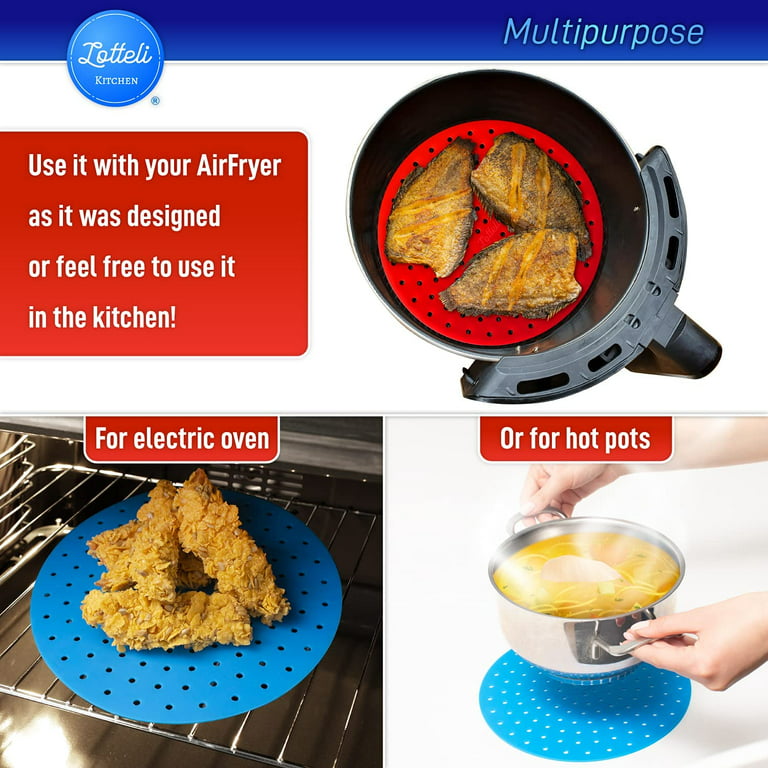 Lotteli Kitchen Reusable Silicone Air Fryer Liners 3 Pack with Air Fryer Magnetic Cheat Sheet, Easy Clean Air Fryer Accessories, Non Stick, Airfryer
