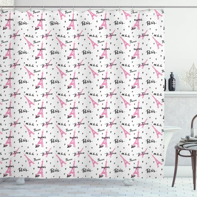 Ambesonne Paris Shower Curtain, Je Taime Romance Hearts, 69"Wx70"L, Pale Pink White