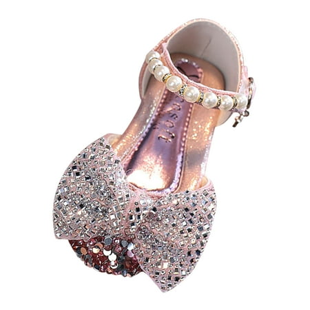 

nsendm Fashion Spring And Summer Girls Sandals Dress Dance Show Princess Shoes Rhinestone Bowknot Pearl Soccer Slides for Girls Sandal Pink 5 Years