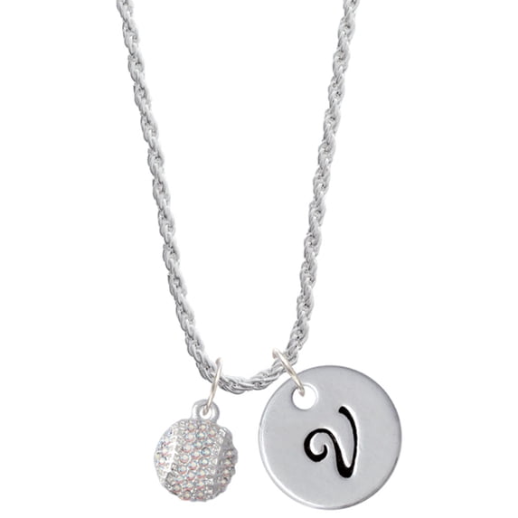 Delight Jewelry Silvertone Small Sparkle Clear AB Softball Silvertone Script Initial Disc - V - Charm Necklace, 20"+3"