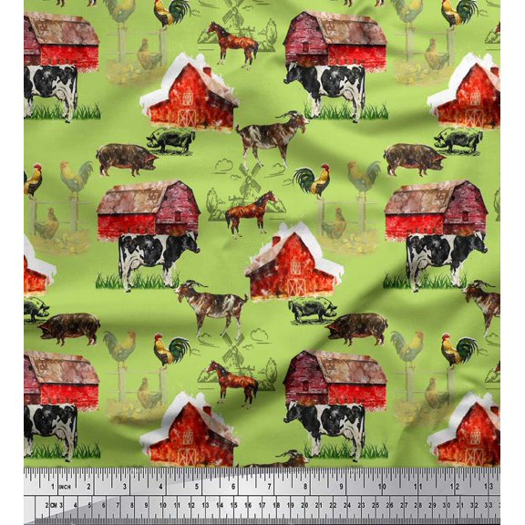 Soimoi Green Rayon Fabric Barn & Pet Animals Farm Printed Craft Fabric by the Yard 58 Inch Wide