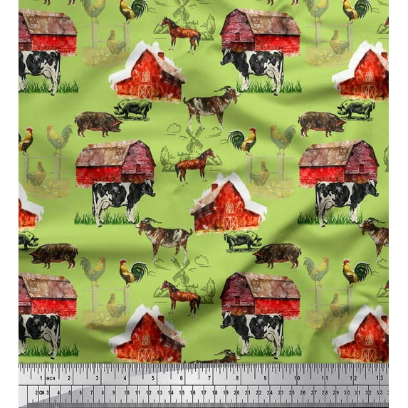 Soimoi Green Velvet Fabric Barn & Pet Animals Farm Print Sewing Fabric Yard 60 Inch Wide