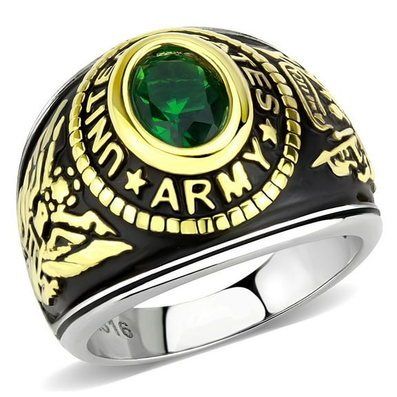 Women's 316 Stainless Steel Two Tone Gold Army Military Green CZ Ring - Size 9