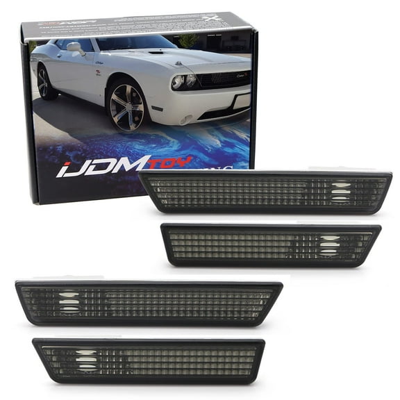 Complete Smoked Lens Sidemarker Lamp Housings For 2008-14 Dodge Challenger, (4) OE-Spec Side Marker Lenses Front & Rear Bumpers