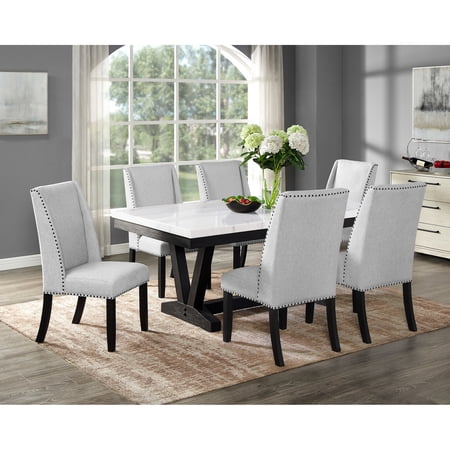 Modern 7pc Dining : White Marble Tabletop & Gray Upholstered Bench Rectangular Table Seating