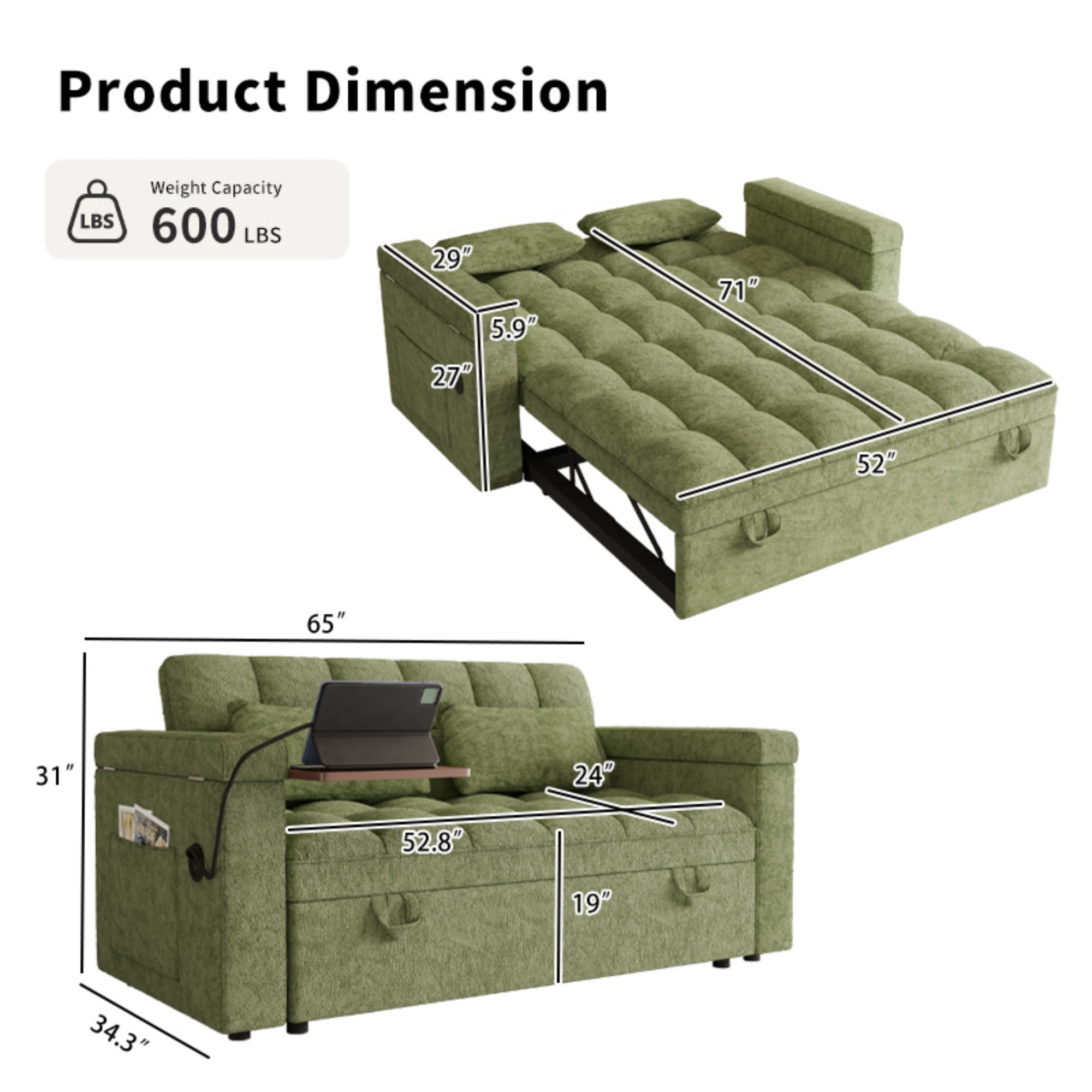 DEALTOPS 65" Chenille 3-in-1 Pull Out Sleeper Sofa Bed, Loveseat Couch with Tray Table & USB, Green