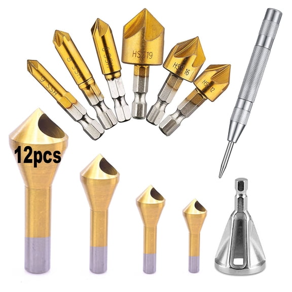 Countersink Drill Bit Set with Case 1/4'' Hex Shank HCS 5 Flute Countersink 90 Degree Center Punch Tool Sets for Wood, Quick Change Bit 1/4” 5/16" 3/8” 1/2” 5/8” 3/4”