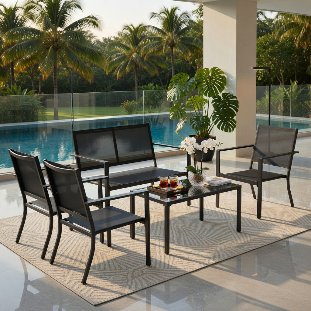 Hommoo 4-Piece Outdoor Patio Furniture Set, Steel Frame Loveseat, 2 Chairs & Tempered Glass Coffee Table for Backyard, Garden, Poolside, Gray