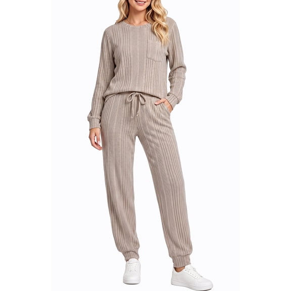 UVN Two Piece Sets for Women Casual Outfits Sets Textured Long Sleeve Shirts and Long Pants Lounge Set Fall Pajama Sets with Pockets