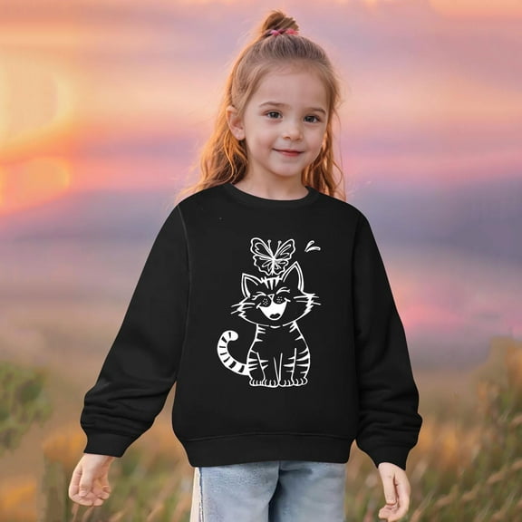 Xqxayjr Little Girls Sweatshirts Loose Long Sleeve Cat Print Hoodies Cute Crewneck Pullover Tops Winter Fall Outfits Clothes 2-10T Unisex Kids Boys