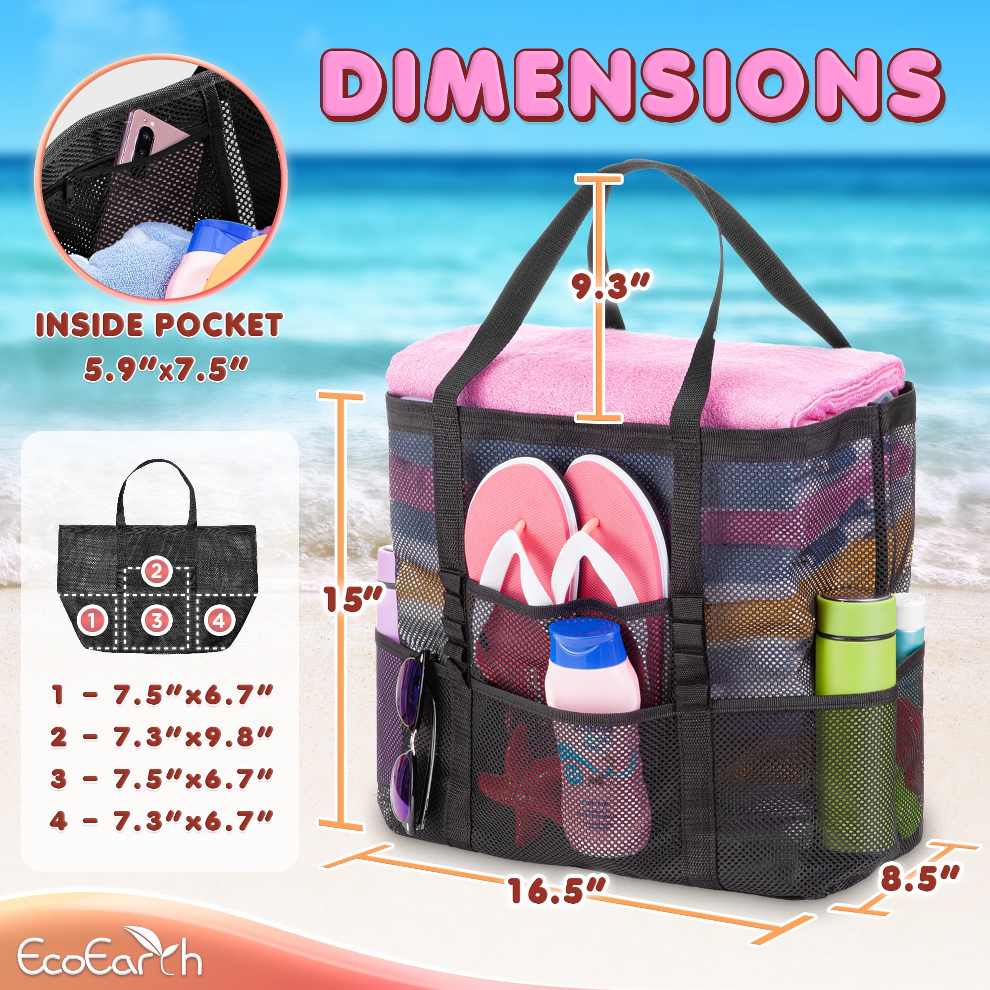 【ANDAR】 Mesh Pocket Beach Bag / 追跡付 EcoEarth Summer Vacation Nylon Mesh Beach Bag, Waterproof