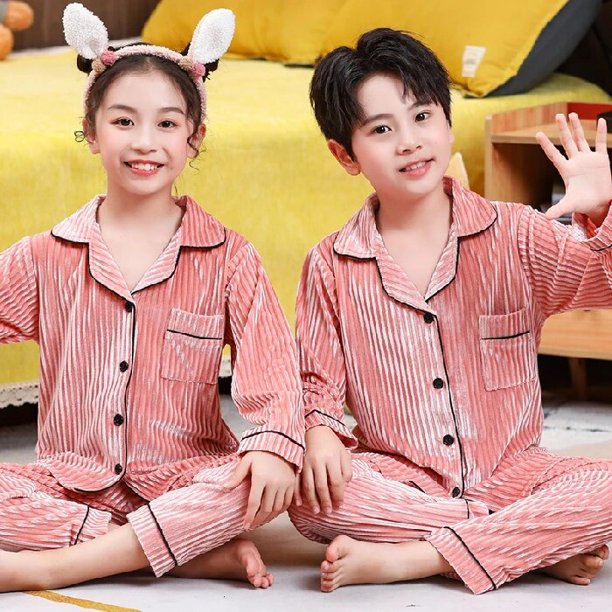 Conjunto de Pijamas de terciopelo dorado para niños y niñas, ropa de dormir cálida para Otoño e Invierno