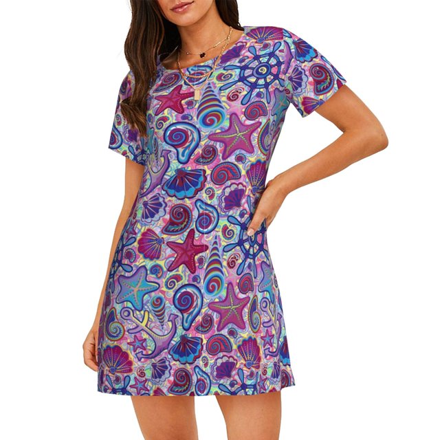 Fotbe Cute Nautical Bata de Dormir para Mujer con Estampado, Camisón de Algodón de Manga Corta, Ropa de Dormir Casual