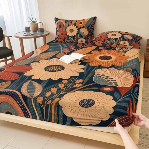 King Size Fitted Sheet Set - Terracotta Flowers 3 Piece Bedding Sets 16" Deep Pocket Fitted Sheet with 2 Pillowcases, Boho Floral Leaves Vintage Pastoral Botanical Brushed Microfiber Hotel Bed Sheets