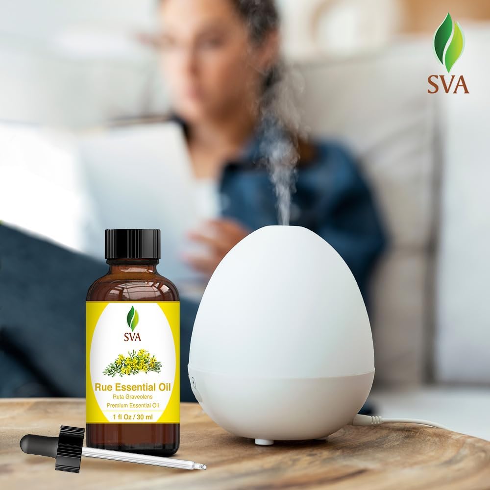 SVA Rue Essential Oil – 1 Fl Oz – 100% Natural Rue Oil - for Diffuser, Hair Care, Face, Skin Care, Aromatherapy, Scalp and Body Massage, Soap and Candle Making - with Dropper