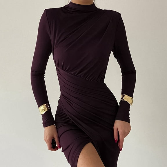 Elegant Women's High Neck Ruched Bodycon Dress With Long Sleeves And Side Slits For Fashionable Look Tie Evening Gowns for Women Shiny Ruched Thigh Slit Dress Long Wrap Dress Dinner Dress Evening